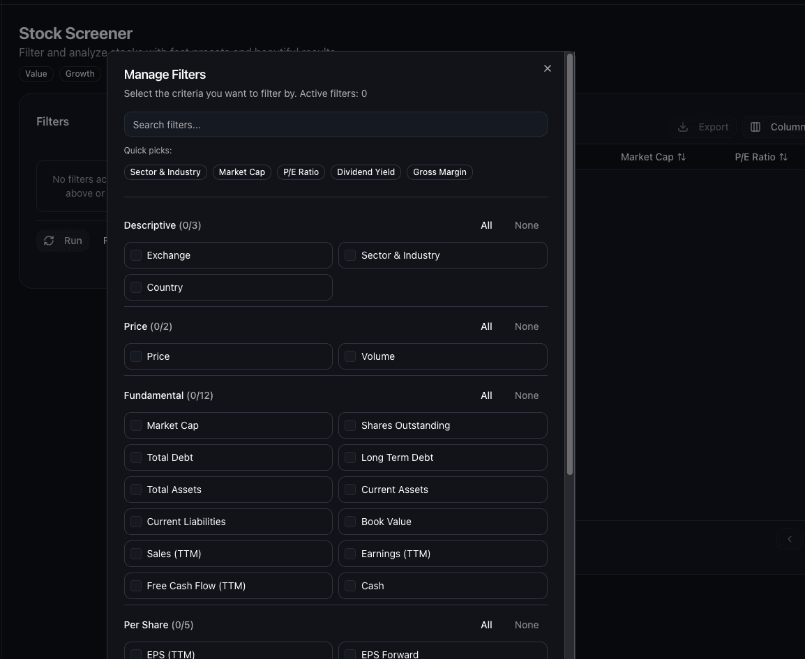 Advanced Stock Screener with comprehensive filtering and metrics