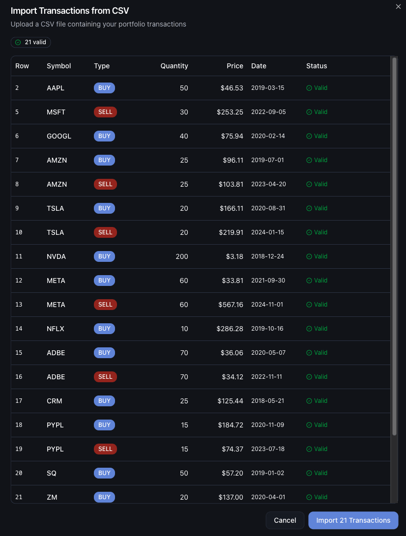 Import portfolio transaction history via CSV